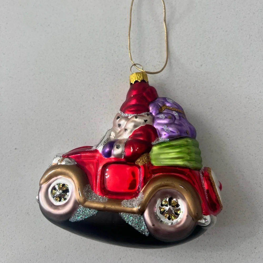 Vintage Midwest Of Cannon Falls Santa In A Car Glass  Christmas‎ Ornament 4.5”